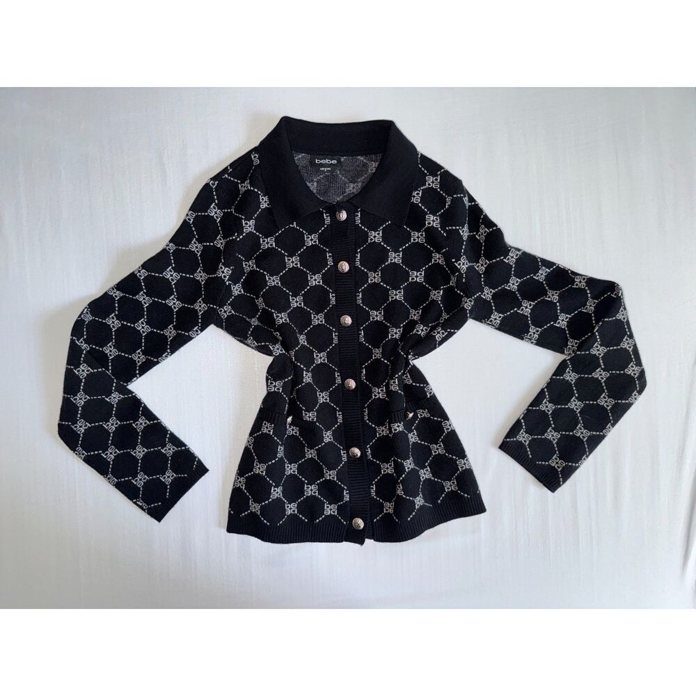 Bebe Monogram Knit Cardigan Sweater w/ Gold Buttons | Size Medium